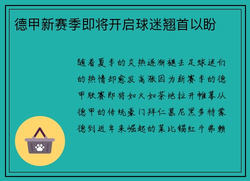 德甲新赛季即将开启球迷翘首以盼