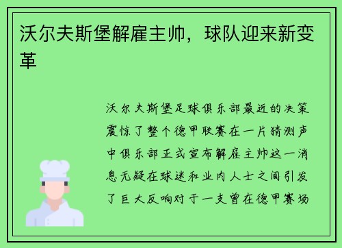 沃尔夫斯堡解雇主帅，球队迎来新变革