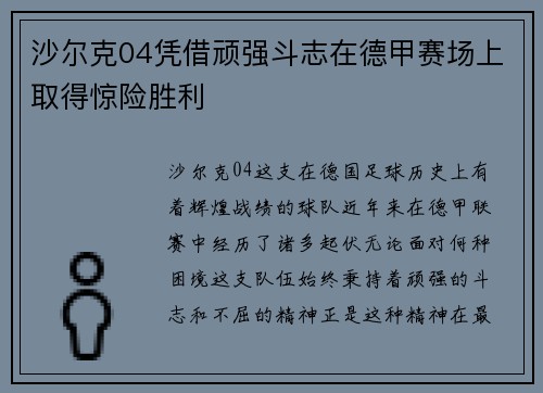 沙尔克04凭借顽强斗志在德甲赛场上取得惊险胜利