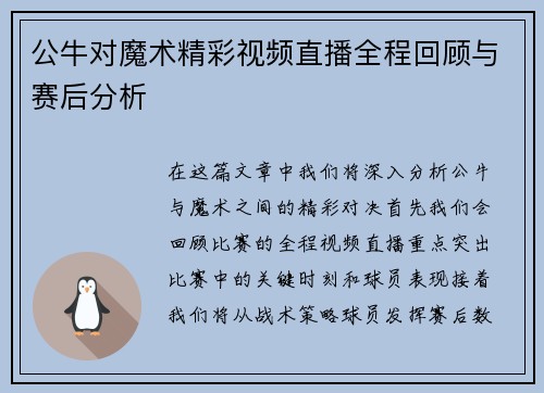 公牛对魔术精彩视频直播全程回顾与赛后分析